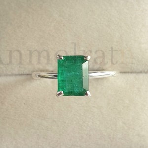 Natural Emerald Octagon Dainty Ring For Women, Green Emerald Cut Emerald Solitaire Stacking Silver Ring For Her, Dainty Emerald Ring Gift