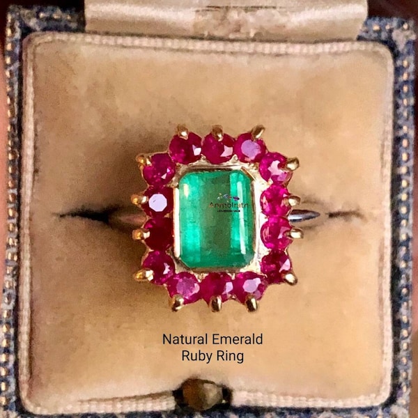 Vintage Emerald Ruby Ring Natural 3.20ctw Vintage Art Deco Bezel 14k Solid Gold Untreated