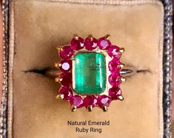 Vintage 3.50 Carat Emerald Ruby Ring For Women, Genuine Emerald Gold Ring Gift For Her, Real Emerald Octagon Bezel Set Ring 14k Emerald Ring
