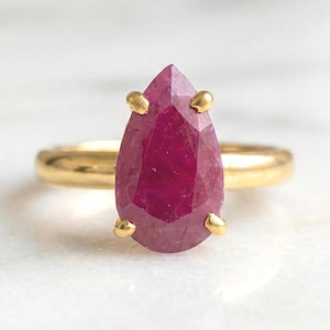 3.60Ct Pear Ruby Solitaire Ring Sterling Silver Gold Plated Women