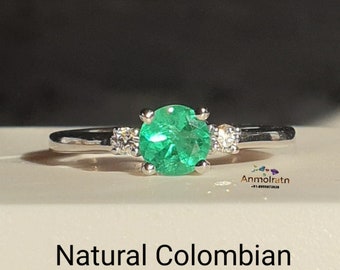 Certified Colombian Emerald Ring With Diamond For Women, AAA Emerald Solitaire Wedding Engagement Ring For Gift, 14k Emerald Stacking Ring