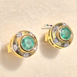 Natural Colombian Emerald Stud Earrings: 14k Gold Diamond Halo