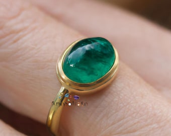 14k Gold natürlicher Smaragd Ring: Vintage Cabochon Geburtsstein