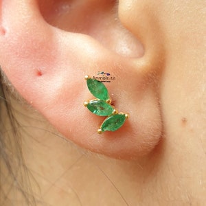 14k Gold Natural Emerald Ear Climber Earrings: Marquise Stud Crawlers