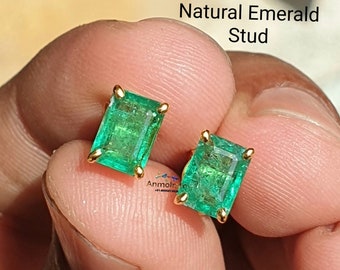 Natural Emerald Stud Earrings For Women, 14k Green Emerald Octagon Studs, Dainty Emerald Cut Earring For Gift, Genuine Emerald studs For Men