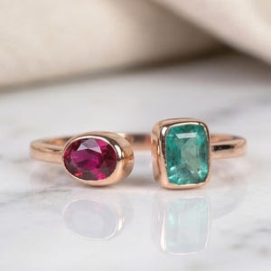 Natural Emerald Ruby Ring: 14k Dainty Multi Gemstone Bezel Set Open Stacking Band Gift