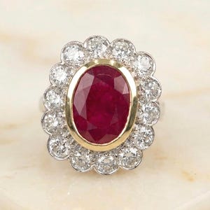 Natural Ruby Diamond Ring • 3.30ct Oval Bezel Art Deco Cluster Band, Vintage Cocktail Ring