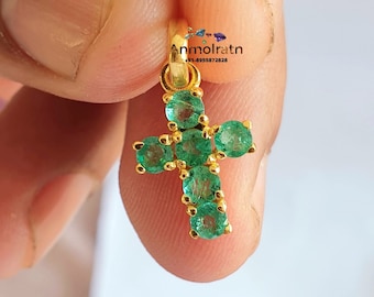 14k Gold Emerald Cross Pendant, Daily Wear Pendant For Women, Dainty Gemstone Silver Pendant, Vintage Cross Pendant For Men, Boho Pendants