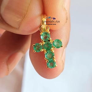 14k Gold Emerald Cross Pendant, Daily Wear Pendant For Women, Dainty Gemstone Silver Pendant, Vintage Cross Pendant For Men, Boho Pendants