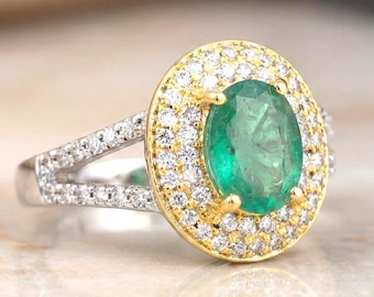 Natural Emerald Ring 1.20ct Oval Zircon Halo Gold Plated Silver Vintage Cluster