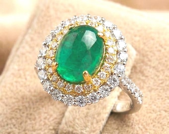 Natural Emerald Cabochon Ring • 3.00 CT Green Oval Double Halo • 14k White Gold