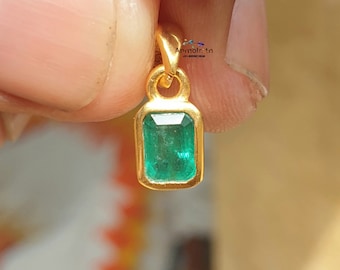 Daily Wear Natural Emerald Bezel Set Birthstone Pendant Emerald Cut Emerald Octagon Pendant For Gift, 14k Green Emerald Silver Pendant Men