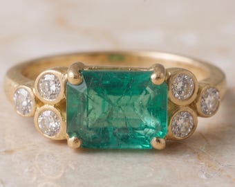 East West Emerald Ring | Art Deco Diamond Band | 14k Gold Octagon Ring 1.75ct