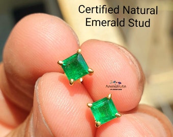 Certified Emerald Stud Earrings, Tiny Princess Cut Square Emerald Stud For Men, Real Green Emerald Daily Wear Earring Gift For Women in Gold