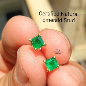 Certified Emerald Stud Earrings: 14k Gold, Square Green Gemstone