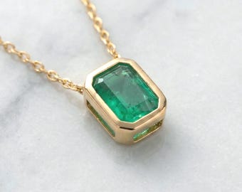 Natural Zambian Emerald Pendant: 1.20Ct Untreated Octagon Necklace Bezel, Unisex May Birthstone