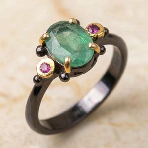 Natural Emerald Ring: Untreated Oval Solitaire, Antique Look Vintage Style Silver Gift