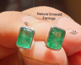Natural Emerald Stud Earrings Daily Wear Green Emerald Octagon Studs Emerald Birthstone Earring For Women Bezel Set Emerald Earring Men Gift