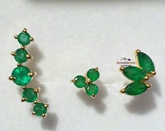 AAA Emerald Stud Earrings For Women Tiny Emerald Crawler Earring, Dainty Emerald Gold Birthstone Studs Gift For Her 14k Gold Emerald Earring