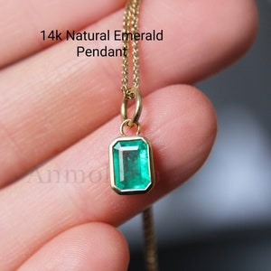 Emerald Solitaire Pendant: Octagon May Birthstone, 14k Gold Bezel Set