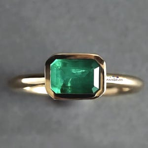14k Gold Emerald Cut Ring: Octagon Solitaire Bezel Setting