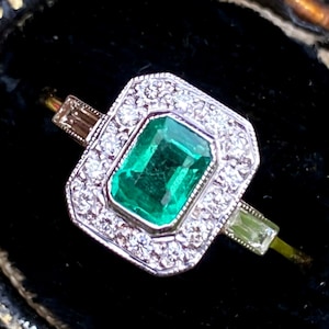 Emerald Cut Engagement Ring: 14k Gold Bezel Set Art Deco Ring