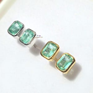 Natural Emerald Stud Earrings: Dainty Octagon Silver Solitaire, May Birthstone