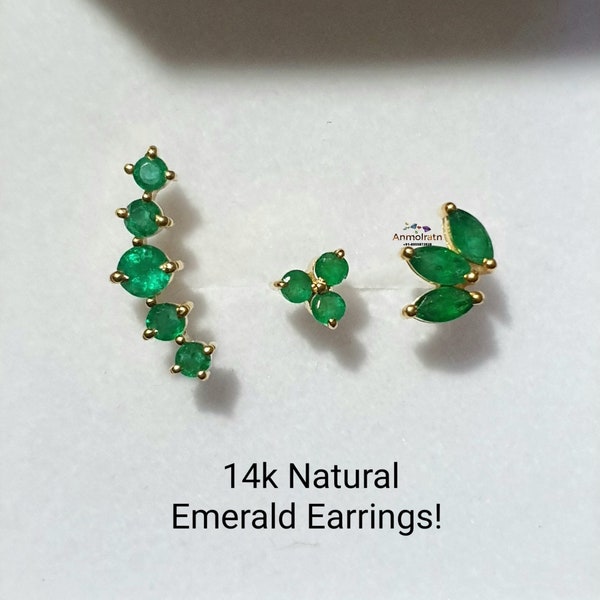 AAA Emerald Stud Earrings For Women, Tiny Emerald Crawler Stud Earrings, Dainty Emerald Gold Studs Gift For Her, 14k Gold Gemstone Earrings