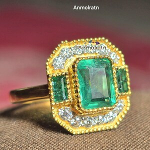 Emerald Cluster Ring, Rich Green Emerald Vintage Ring, Emerald Cut Octagon Ring Gift For Her, Antique Natural Emerald Silver Ring For Women