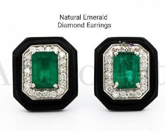 AAA Natural Emerald Octagon Stud Earrings With Diamond Halo 14k Gold Dainty Emerald Enamel Earrings Gift For Wife, Emerald Studs For Mother