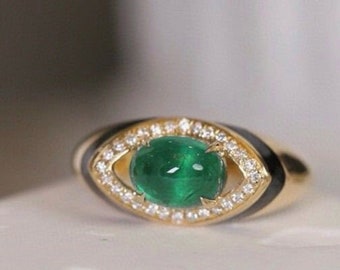 14k Gold Natürlicher Smaragd Cabochon Ring: Diamant Art Deco Solitaire