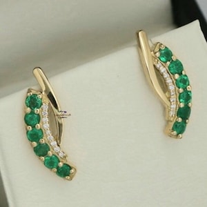 14k Gold Natural Emerald Stud Earrings: Dainty Gemstone Crawler