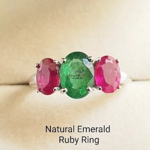 14k White Gold Emerald Ruby Ring: Vintage Multi Stone Birthstone