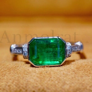 Emerald Cut Ring: Natural Zambian Green Emerald, 14k White Gold Diamond Solitaire