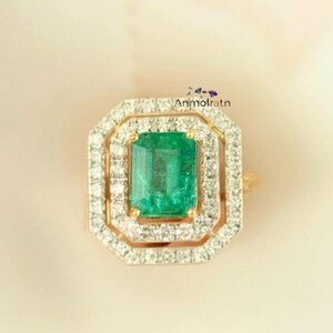 14k Gold Emerald Cut Ring: 2ct Zambian Emerald, Double Halo