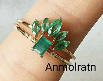 Genuine Emerald Stacking Ring For Women, Marquise Cut Emerald Gold Ring, Emerald Ring For Gift, Dainty Emerald Ring 14k Emerald Vintage Ring