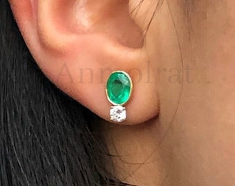 Emerald Stud Earring For Women, 14k Gold Emerald Oval Studs Genuine Green Emerald Diamond Earrings Bezel Set Emerald Earring Gift For Wife