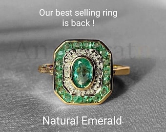 14k Natural Emerald Target Ring, Engagement Cluster Ring For Women, Vintage Emerald Ring For Her, Oval Emerald Diamond Art Deco Antique Ring