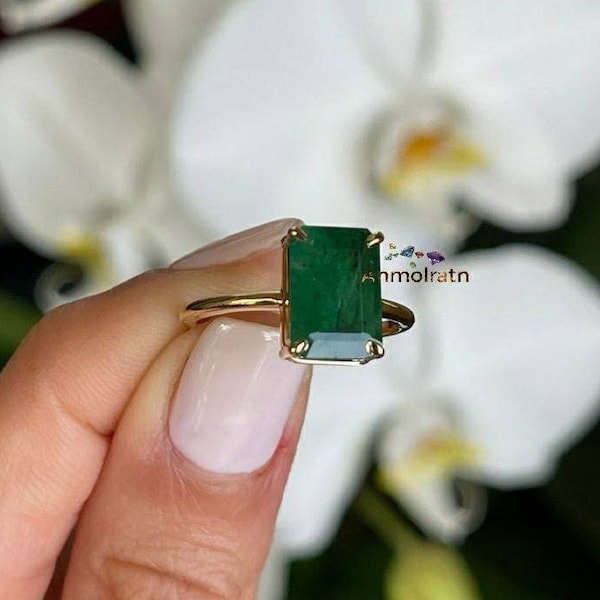 Raw Emerald Ring, Natural Emerald Cocktail Ring, Vintage Ring For Women, Dainty Silver Rings, Gemstone Crystal Ring, Emerald Octagon Rings