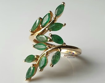 Vintage 14k Gold Emerald Ring: Marquise Bypass Design