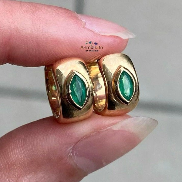 14k Solid Gold Emerald Hoop Earrings: Marquise Cut Bali Hoops
