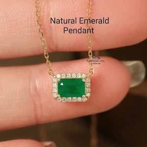 Natural Zambian Emerald Pendant Necklace: 14k Gold Halo, Diamond Accents