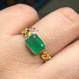 14k Gold Emerald Ring: Natural Green Octagon Solitaire, Bezel Stacking Ring