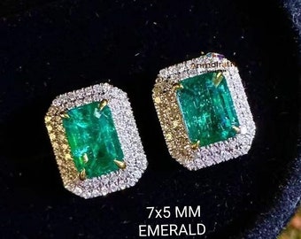 Natural Emerald Octagon Stud Earrings For Women, 14k Real Emerald Halo Diamond Studs Gift For Her, Tiny Green Emerald Diamond Dainty Earring