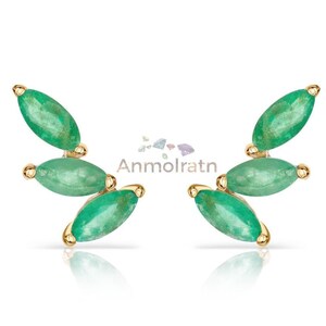 Real Emerald Earring Crawlers, Marquise Shape Gemstone earrings in Gold, Green Cuff Earrings Women, Birthstone Earring Climbers Gift Women image 1