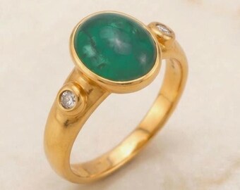 Natürlicher Smaragd Cabochon Ring: 3.20Ct Oval Bezel Solitaire & Diamant, 14k Vintage Geschenk