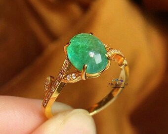 Natural Emerald Cabochon Ring, Art Deco 14k Gold, Moissanite Accent