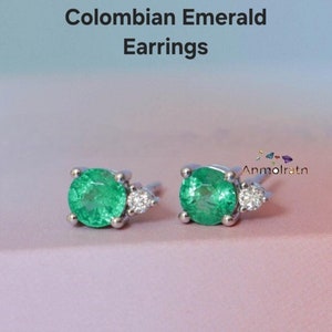 Colombian Emerald Diamond Stud Earrings: 14k Gold Solitaire