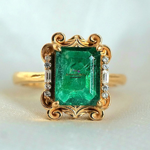 Vintage 14k Gold Emerald Ring: 3Ct Natural Octagon Art Deco Engagement Gift