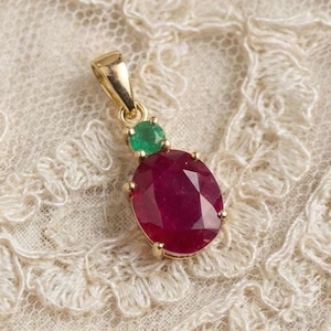 14k Gold 3 Carat Ruby Emerald Pendant: Natural Birthstone Solitaire
